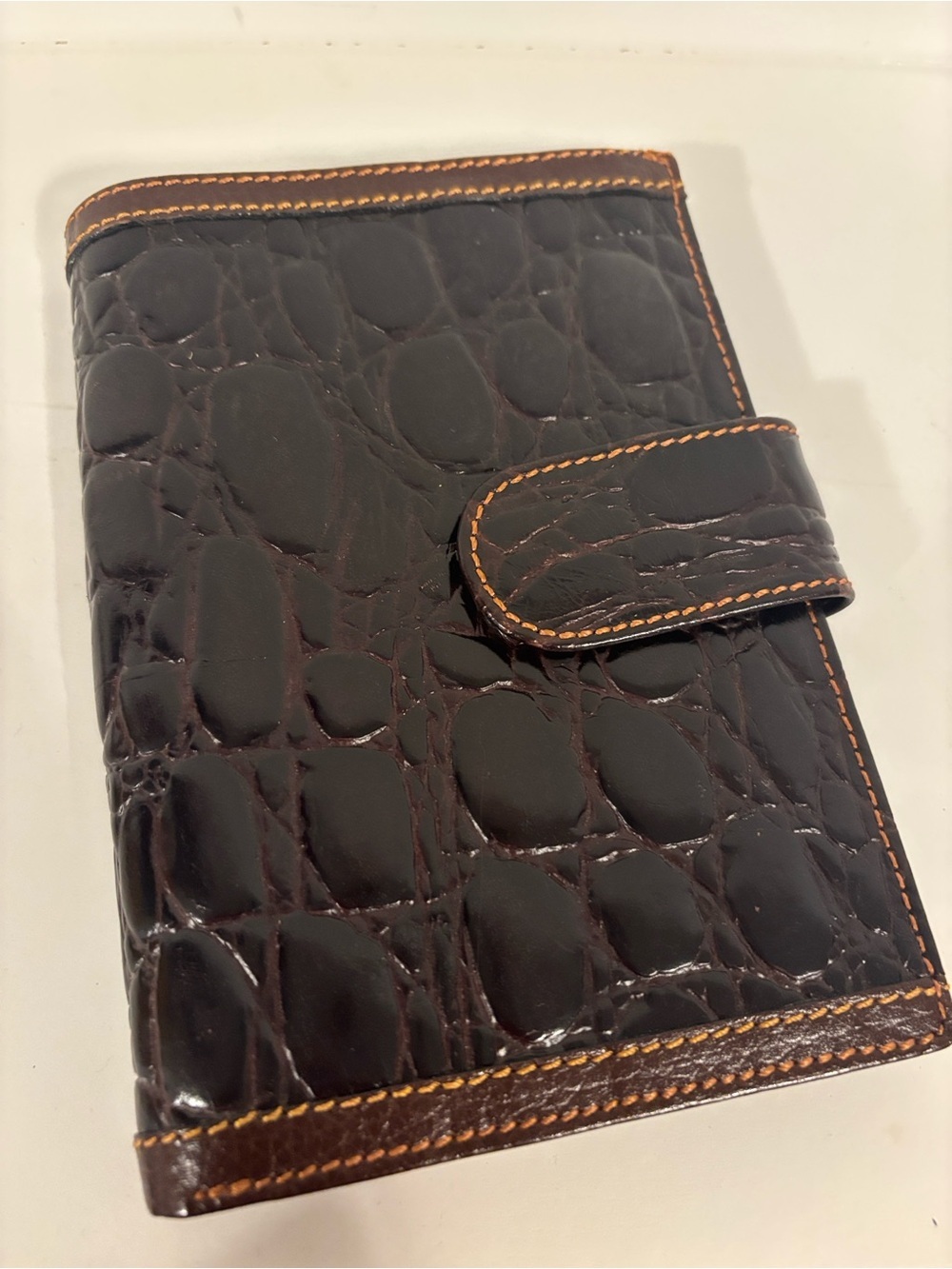 Croc Embossed Clutch/Wallet Snap Closure Dark Brown Orange Stitching 4.25 x 6”